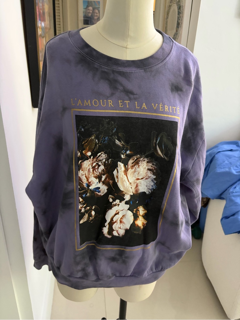 Mighty Fine Purple Tie Dye & Roses Crewneck Sweatshirt- “L’AMOUR ET LA VÉRITÉ”